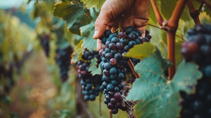 Closeup of woker hand picking ripe grapes from vineyard . - obrazy, fototapety, plakaty