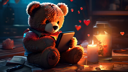A teddy bear for Valentine's Day addicted to the phone. - obrazy, fototapety, plakaty