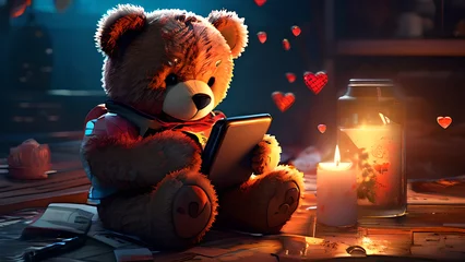 Fotobehang A teddy bear for Valentine's Day addicted to the phone. © Maniockus