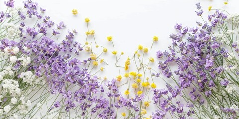 Place for text. Flat lay photograph of multi-colored wildflowers on a white background for a variety of advertising. Spring, summer background