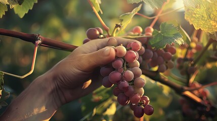 Hands holding ripe red grapes picking from vine