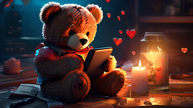 A teddy bear for Valentine's Day addicted to the phone.