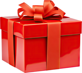 A gift box with a red ribbon on top