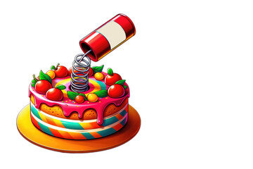 Brightly colored, playful fake cake with a spring-loaded can jumping out as a comical surprise, epitomizing the essence of April Fools Day fun. Greeting card with copy space for text.