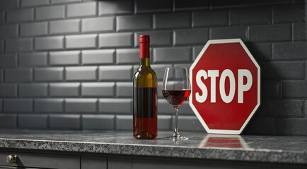 A bottle of alcohol and glass standing on kitchen counter with red Stop sign. Alcoholism awareness month