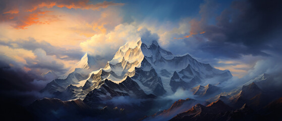 An expressive oil painting of a majestic mountain range - obrazy, fototapety, plakaty