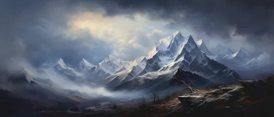 Gordijnen An expressive oil painting of a majestic mountain range © khan