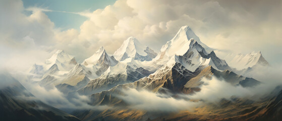 An expressive oil painting of a majestic mountain range