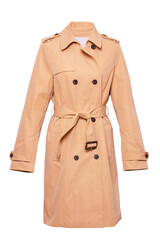 Woman trench coat. A luxurious and stylish elegant female light beige trench coat on mannequin isolated on a white background. Spring and summer fashion.