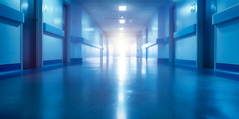 Low angle view of an empty hospital hallway, illuminated with soft blue lights, conveying a sense of calmness