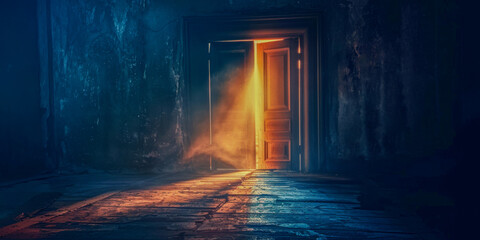 Fototapeta na wymiar An eerie yet captivating scene of sunrays piercing through an open doorway of a desolate structure
