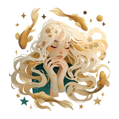 zodiac sign Pisces with golden stars illustration on white background