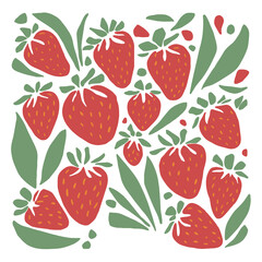 beautiful graphics background with ripe juicy red strawberries with green leaves