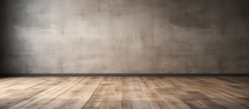 An empty room with hardwood flooring in brown wood stain, a concrete wall painted in grey, creating a rectangular pattern resembling a road surface