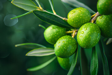 Close-up of green olives attached to a branch with leaves on a dark background