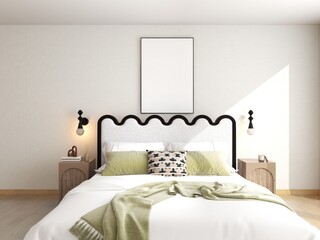 interior frame mockup on white wall in a modern and Scandinavian bedroom. Empty poster in luxury interior bedroom. 3D illustration