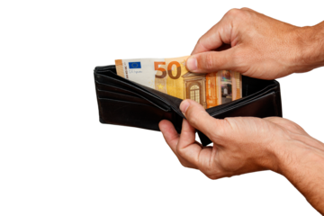 50 euro bill sticking out of black wallet hand holding money bill.