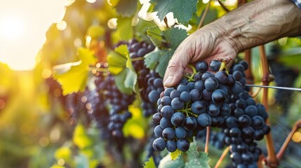Grapes held in hand by picking worker on vineyard farm