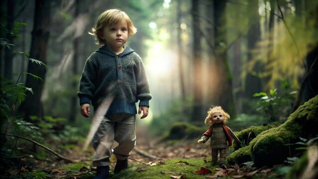 boy in the middle of the forest with his doll