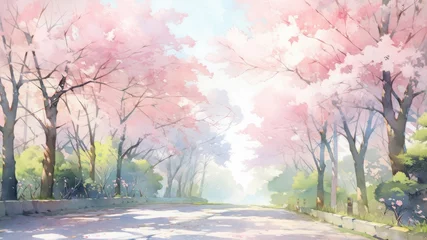 Cercles muraux Rose clair 桜の並木道の水彩画_2