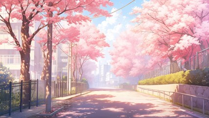桜の並木道の水彩画_1 - obrazy, fototapety, plakaty