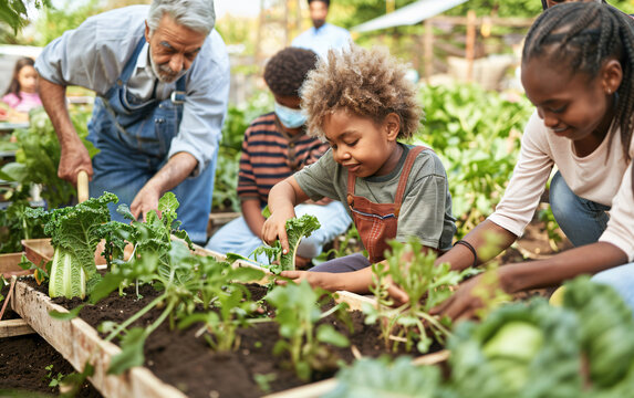 Diverse african american family of different generations working and gardening together in a family garden in the backyard