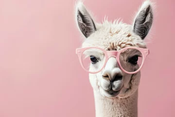 Papier Peint photo Lama photo portrait of an alpaca in pink glasses on a pastel pink background. There is empty space for text on the left