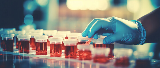Analyzing blood samples in a lab using a chemical hand - obrazy, fototapety, plakaty