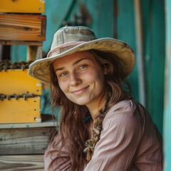 female beekeeper inspecting a honeycomb frame f standing in front of hives with bees at the apiary.