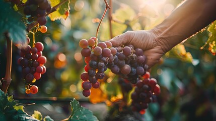 Hand holding grapes on vine in farm by worker picking ripe fruit