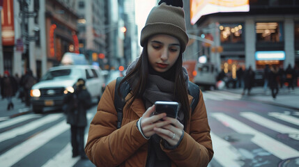 A young brunette woman standing on a busy street corner, texting on her smartphone, utilizing the power of 5G for instant digital communication. 8K. -