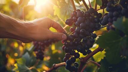 Hand holding grapes on vine in farm by worker picking ripe fruit