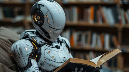 Zukunft der Bildung: Roboter in Universität liest Buch - obrazy, fototapety, plakaty
