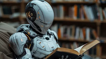 Fotobehang Zukunft der Bildung: Roboter in Universität liest Buch © PhotoArtBC