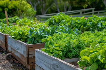 Fresh lettuce thriving in a raised wooden bed, illuminated by the warm glow of sunset