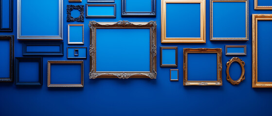 Antique art fair gallery frame on a royal blue museume - obrazy, fototapety, plakaty