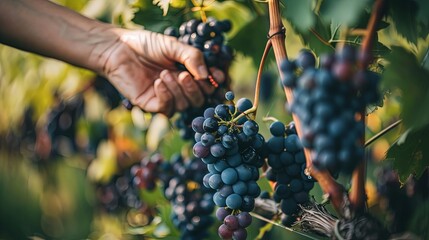 Ripe grapes on vine being harvested by worker hands - obrazy, fototapety, plakaty