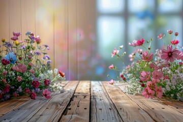 Vibrant Spring Flowers on Rustic Wooden Table with Garden Background