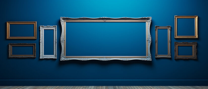 Antique art fair gallery frame on a royal blue museume