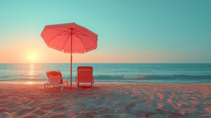 Beach chairs and pink umbrella on the tropical beach