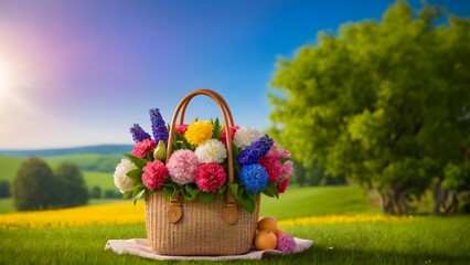 Straw Bag with Spring Blossom Flowers