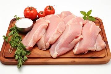 Fresh sliced raw chicken breast fillets with wooden cutting board background