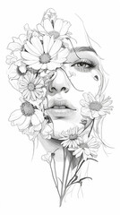 face with flowers line drawing, high definition, white background - obrazy, fototapety, plakaty
