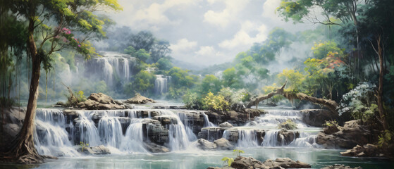 Art painting Oil color Natural waterfall from Thailand
