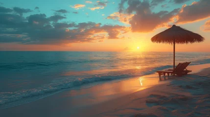 Gordijnen Sunset on the beach with sun lounger and umbrella. © nataliia_ptashka