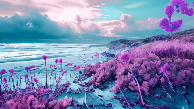 Beautiful seascape with lavender flowers.