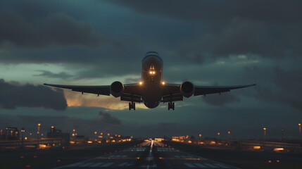 Naklejka premium airplane landing at sunset
