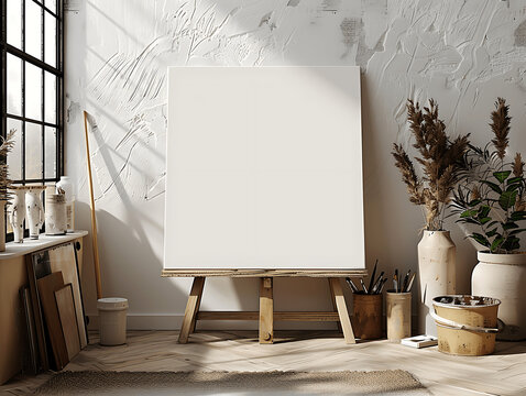 Blank canvas on an easel in a bright artist's studio with painting supplies and decorative vases.