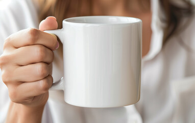 Close-up of a white ceramic mug held in a woman's hand