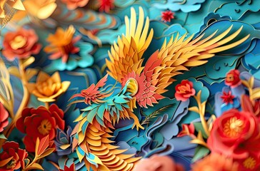 Fototapeta premium Иллюстрация сказочной 2D жар-птицы с разноцветными узорами, цветочным дизайном,красочными крыльями 5